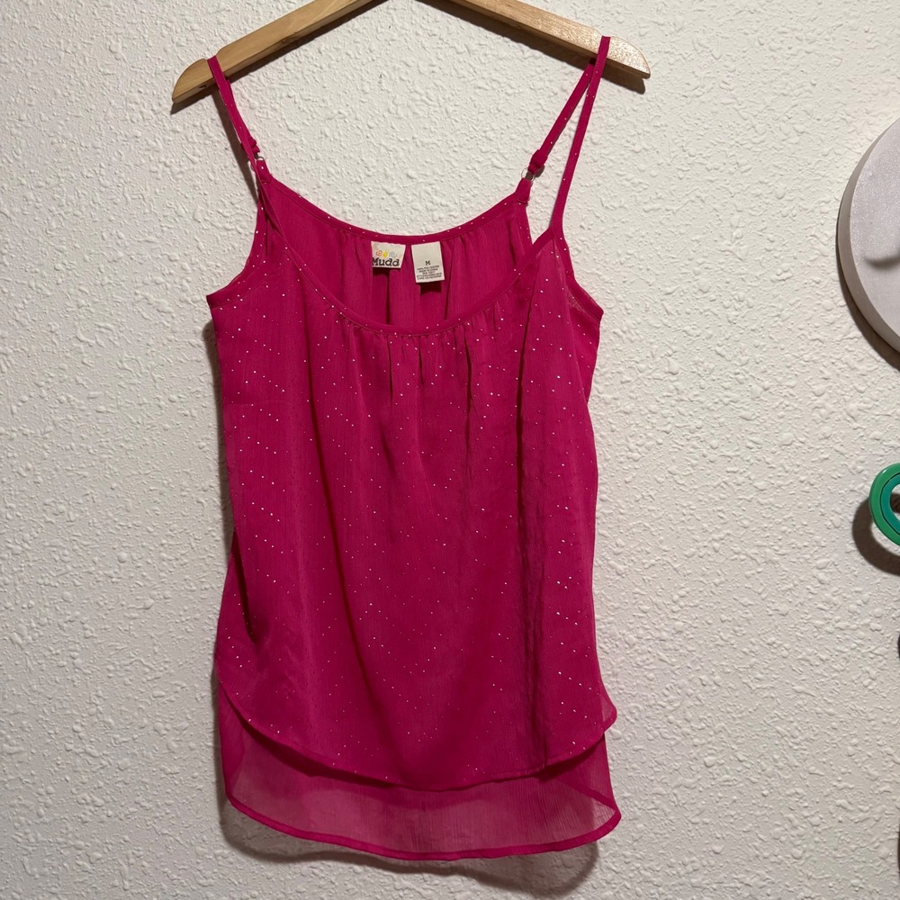 Mudd Women's‎ M Pink Sparkle Tiered Cami Tank Top Barbie Y2K whimsy cottagecore